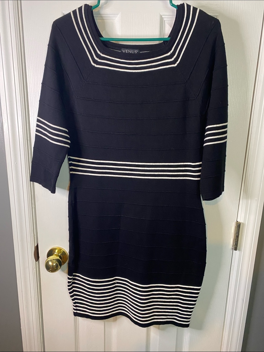 VENUS Black and White Striped Midi Knit Dress Size Medium.